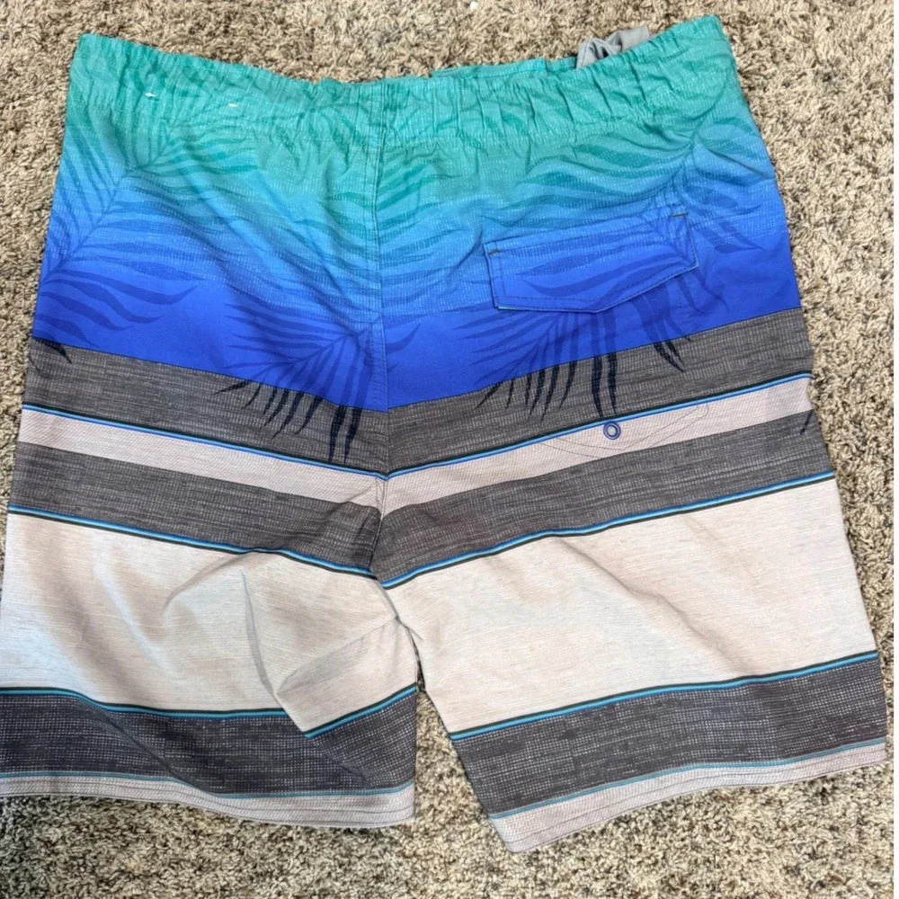 Laguna Mens Board Shorts Blue Teal Striped Tropical Swim Trunks Size Medium